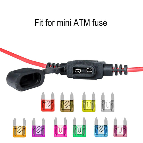 Waterproof Mini Inline Fuse Holder With 16 Gauge Wire 12 Inch Long For Small Blade Fuses In Cars Boats RVs Trucks And More For Your Ride 3 Pack With IP66 Dust And Moisture Protection shown with colorful fuses