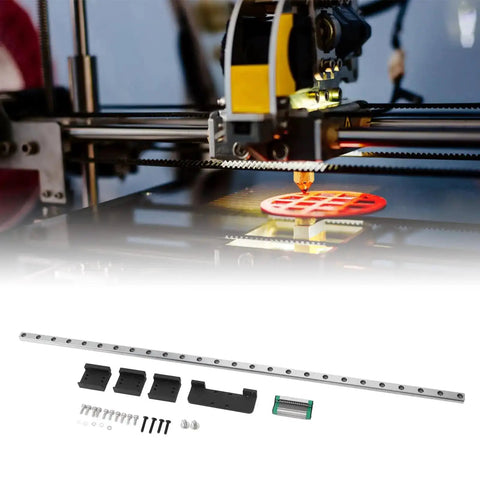 High Performance 3D Printer Linear Rail Kit for X Axis With Smooth Low Friction Motion Upgrade Built For Speed And Quiet Operation Durable Linear Guide Rail For Neptune 3 Max And Neptune 4 Max Faster Speeds components in a kit includes rail and sliders shown with 3D printer setup in background
