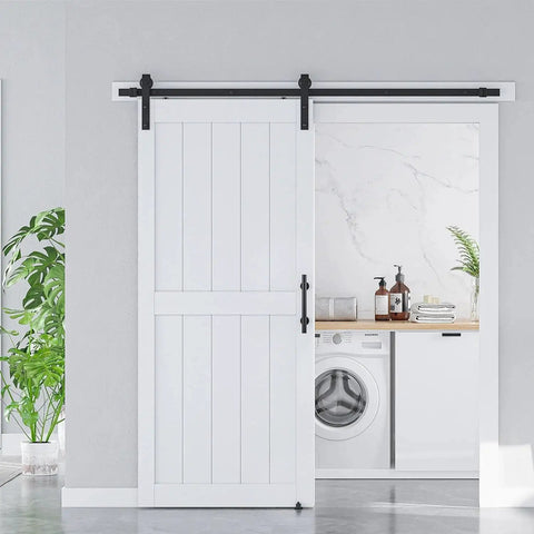 36 By 84 Inch White Sliding MDF Barn Door With Six Point Six Foot Black Sliding Door Hardware Kit And Handle Pre Drilled