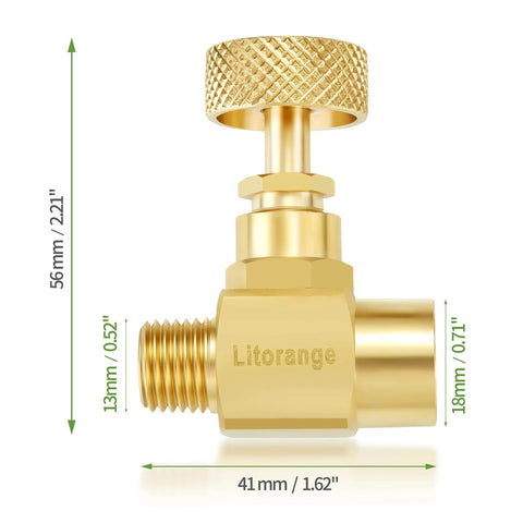 Litorange brass needle valve with knurled knob, 1/4 in NPT male to 1/4 in NPT female