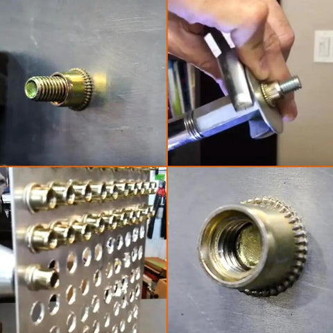 Close-up of 1/4-20 UNC Rivet Nut Threaded Insert Nut Flat Head Knurled Carbon Steel 100 Pack installed in metal sheet.