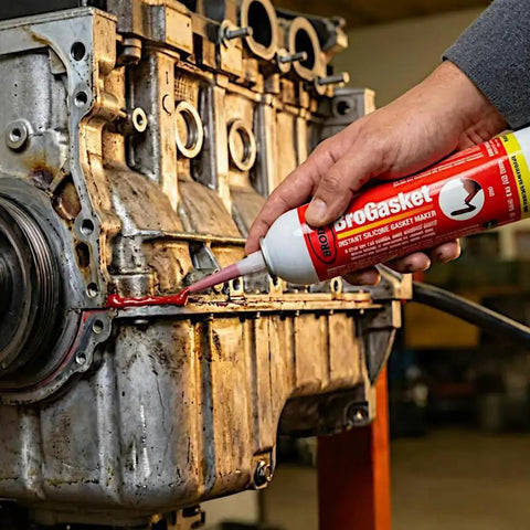 Applying Industrial RTV Silicone Gasket Maker Sealant With Auto Dispensing Nozzle to engine, red form in place gasket visible
