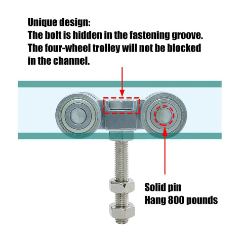 Heavy Duty Four Wheel Trolley Assembly With Silent Bearings And Hidden M10 Bolt for 1-5/8 Inch or Taller Strut Channel pack of 2 silver
