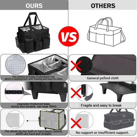 Comparison of Extra Large Rolling Cleaning Caddy vs. a basic tote bag, highlighting material quality and durability features.