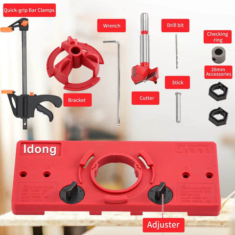 35mm Hinge Hole Jig Drill Guide Set with red plastic guide, metal drill bit, depth stop, bracket, wrench, and accessories.