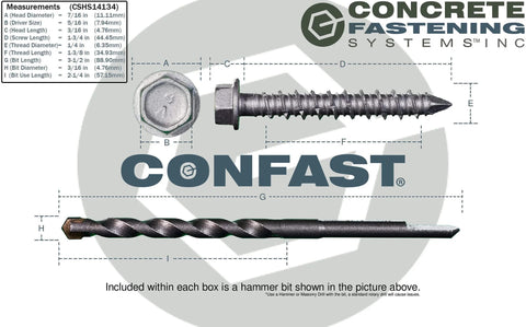 3/16 Inch By 2-1/4 Inch Concrete Screws Set With 410 Stainless Steel Self-Tapping Hex Head And Diamond Point, Includes Concrete Drill Bit
