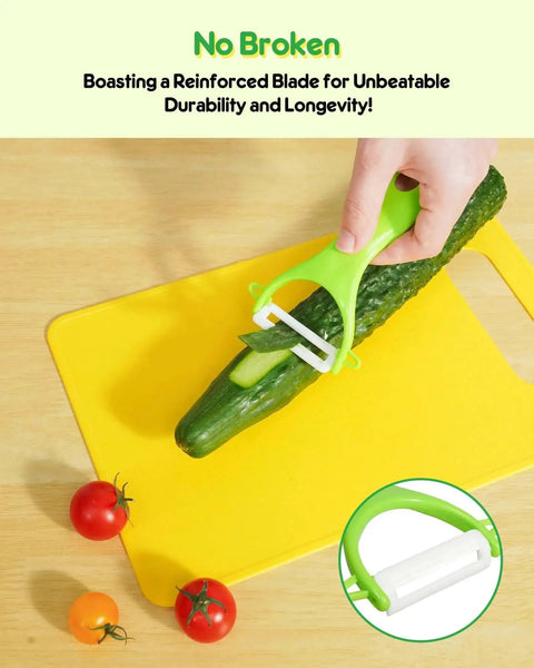 Hand using peeler from Kids Kitchen Knife Set 11 Pcs Montessori Tools For Toddlers 3 Plus Real Cooking Playset on a cucumber.