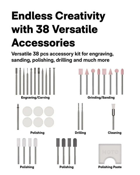 Mini Cordless Rotary Tool Kit With Brushless Coreless Motor, 22,000 RPM Variable Speed, 38 Accessories for engraving, sanding, polishing.