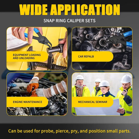 Image showing various applications of the 12-Piece Snap Ring Pliers Set For Internal And External Retaining Rings in equipment loading, car repair, engine maintenance, and seminars.
