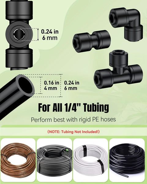 Pawfly 40-pc quick-connect drip fittings for 1/4 in tubing, black PE; includes tees, couplings, elbows, end plugs