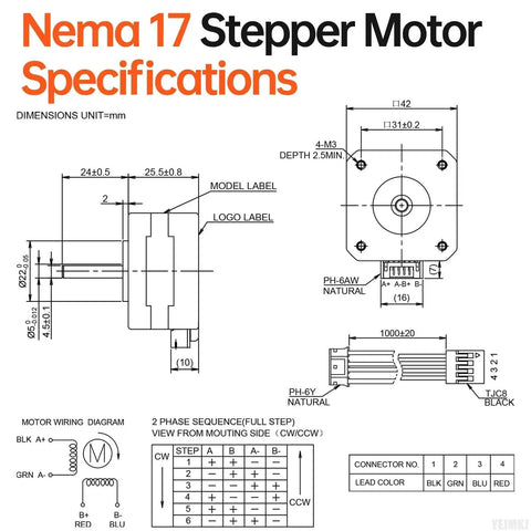 Technical diagram detailing specifications of 10 Pack Nema 17 Stepper Motors 2 Phase 1.8 Degree 0.26 Nm