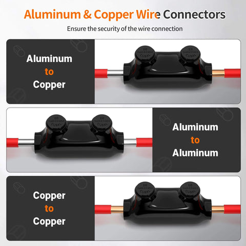 Insulated Inline Splice Connector for 2/0 to 6 Gauge Wiring, Aluminum to Copper, 6 AWG Splice, showing wire compatibility