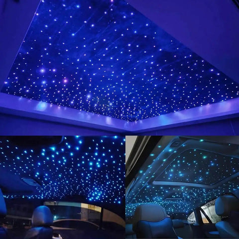 Lit Twinkle Fiber Optic Star Ceiling Kit With 16W RGBW Lights in car interior, showing blue ambient starry lighting.