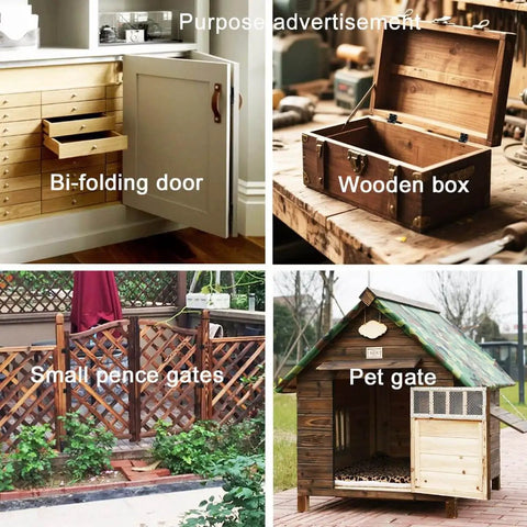 Composite image showing a bi-folding door, a wooden storage box, small fence gates, and a pet gate, illustrating product applications.