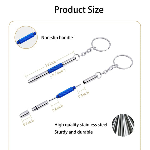 4 Pcs Mini Eyeglass Screwdriver Set 4 In 1 Precision Kit keychain sized with blue non-slip handle, stainless steel.