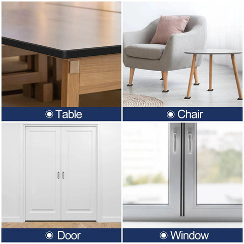 Collage with a table, chair, white door, and window; relevant to 66Ft Self Adhesive EVA Foam Weather Stripping Tape For Doors And Windows.