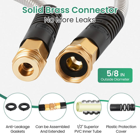 Metal garden hose with a pair of solid brass connectors, 5/8 in OD, anti-leak gaskets, PVC inner tube