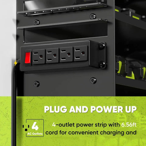 Side view of Rugged Power Tool Organizer Wall Mount With Charging Station featuring 4-outlet power strip and tool rack.