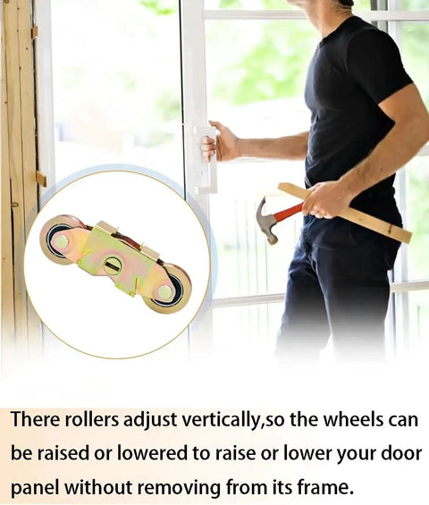 Two-Piece Side-Adjustable Heavy-Duty Sliding Patio Door Tandem Roller Assembly with steel ball bearings and leveling adjusters