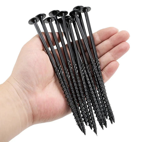Hand holding multiple Heavy Duty 6 Inch Size 14 Lag Screws For Exterior Wood With Washer Head, Rust Resistant And Self Drilling Tips