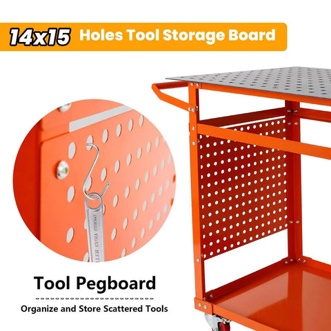 Side view of orange tool storage board with 14x15 holes on a heavy duty workbench for organizing tools in shop or garage.
