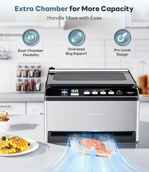 DualCore CVS101 chamber vacuum sealer in stainless steel with dual-chamber flexibility and oversized bag support