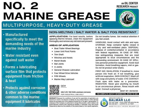 Label of Multi Purpose Marine Grease For Boat Trailers U Joints And Lower Units NLGI Grade 2, showing application and features.