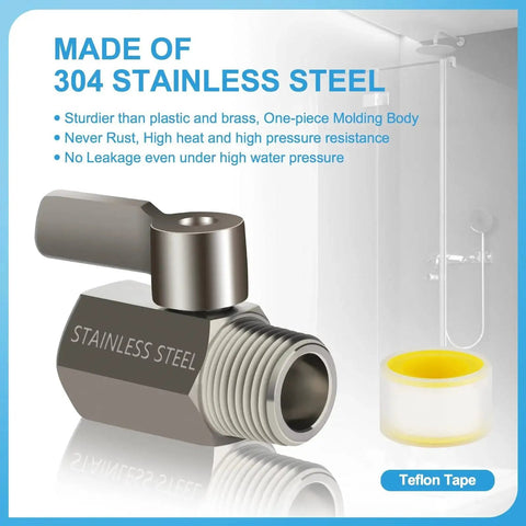304 Stainless Steel Shower Head Shut Off Valve with Handle Lever and One Half Inch NPT Thread, Teflon Tape Included