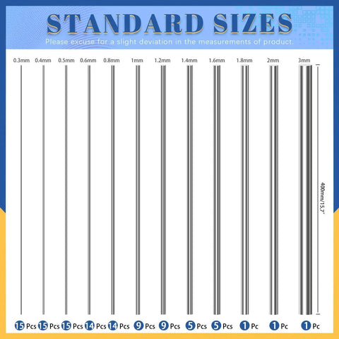 Stainless Steel Spring Wire Set With 104 Pieces In 12 Sizes From 0.3mm To 3mm And 400mm Length For Hard Straight Wire For DIY RC Models And Ship Building A Solid Go To Kit For Custom Projects Repairs And Pro Builds Glarks shown in size chart.