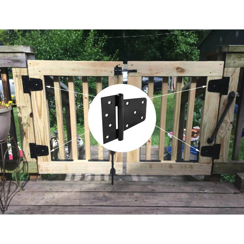 Heavy Duty Gate Hinges 3.5 Inch 4 Pack Black Iron Square Barn Hinges installed on wooden outdoor gate