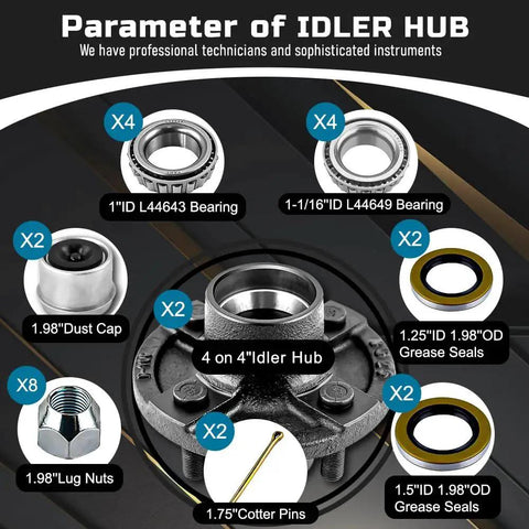 Beefed Up Four Lug Trailer Hub Kit For Two Thousand Pound Trailers Fits One Inch And One Sixteenth Inch Bearings Includes Two Hubs Eight Lug Nuts Two Grease Seals And Cotter Pins For Multi Axle Boat Trailers parts diagram showing hub components and specifications.