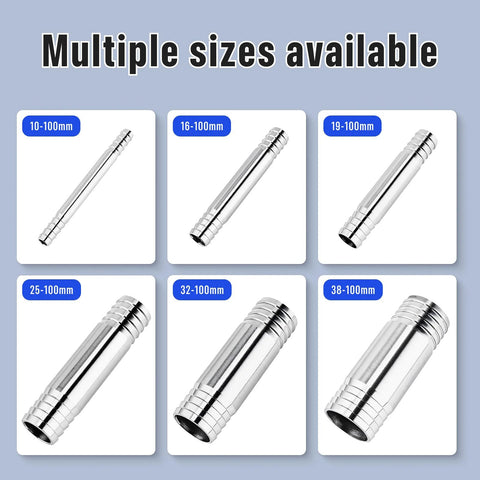 Stainless steel hose barb fitting, 10-100mm size; six sizes shown
Stainless steel hose barb fitting, 16-100mm size; six sizes shown
Stainless steel hose barb fitting, 19-100mm size; six sizes shown
Stainless steel hose barb fitting, 25-100mm size; six sizes shown
Stainless steel hose barb fitting, 32-100mm size; six sizes shown
Stainless steel hose barb fitting, 38-100mm size; six sizes shown