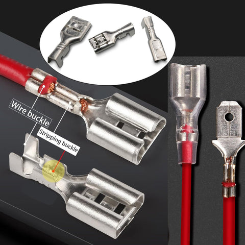 Spade terminal kit: 540pcs insulated crimp connectors (2.8/4.8/6.3mm), male and female, red sleeves.
