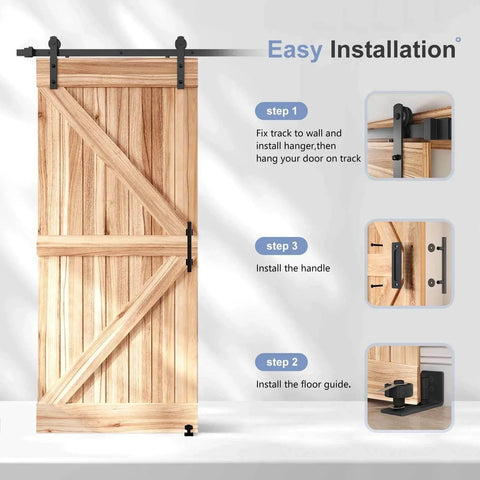 EaseLife Six Point Six Foot Sliding Barn Door Track And Hardware Kit installed on a wooden door with step-by-step guide.