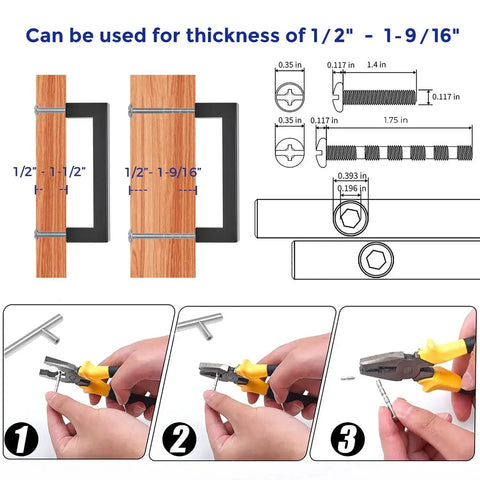 Installation guide for 30 Pack 4 Inch Square Kitchen Cabinet Handles Matte Black Drawer Pulls with measurements and tools.