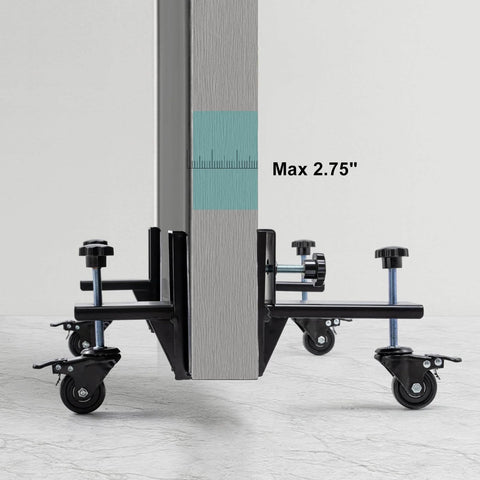 Heavy Duty Door Lifter Kit With Rolling Door Dolly Wheels For Pre Hung Doors up to 800 lb, side view of adjustable kit holding door