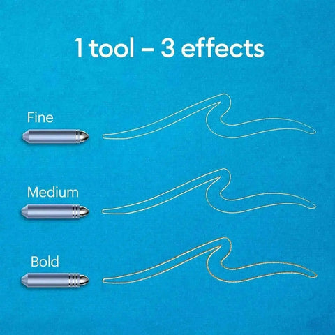 1 tool with 3 effects showing fine, medium, bold lines for Shine Your Diy Cards And Invitations With A Foil Transfer Kit That Includes 12 Foil Sheets 3 In 1 Tool Set With Interchangeable Fine Medium And Bold Tips Tool Housing And Adhesive Tape For Cricut Maker And Explore