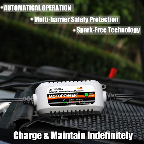 Front view of 12V Automatic Battery Charger and Maintainer With Desulfator Trickle Charger and Timer Protection For All Lead Acid Batteries Including AGM And Gel Cells Compact And Rugged Grey installed on a car.