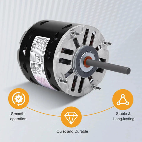 Direct Drive Blower Motor With Sleeve Bearing 0.5 HP, 1075 RPM, 115 Volt showing key features of quiet and durable operation.