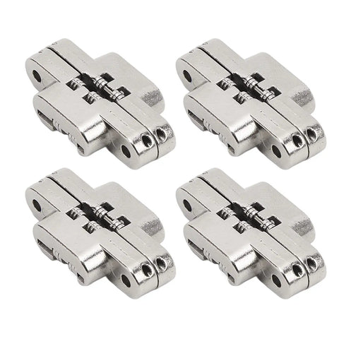 Four Mini Zinc Alloy Cross Hidden Door Hinge Set 180 Degree Full Swing Invisible Hinges for Jewelry Box Cabinet Folding Door