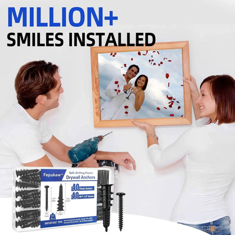 Happy couple using Self Drilling Size Eight Drywall Anchors And Screws Set, Heavy Duty Nylon And Glass Fiber Construction, 80 Lbs Load Capacity, Pre Drill Free, Includes 40 Anchors And 40 Screws With Storage Case For Hanging Shelves TVs And Pictures to hang a wedding photo.