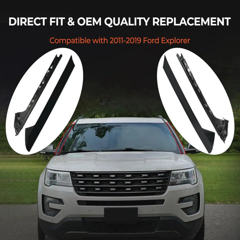 Front view of A Pillar Trim Molding Kit for Explorer 2011 2019 Left and Right Window Trim, showing parts with vehicle background