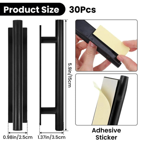 Dimensions of 30 Pcs Self-Stick Cabinet Drawer Handles Pulls Black Peel And Stick Plastic Adhesive Door Handles shown with adhesive sticker application.