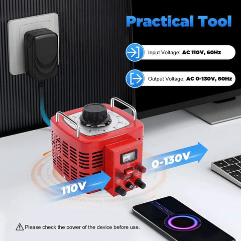 Beefy 3000W Variac Transformer With 0 To 130V Output 3000VA Metered Voltage Regulator on desk with input and output labels.