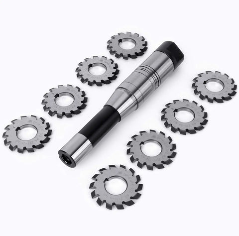 Beefy Gear Cutter Set For Lathe And CNC Mills DP16 Involute With 14.5 Degree Bore 22 R8 Shank Milling Arbor Holder Includes No.1 Through No.8 Gear Cutters Alloy Steel Tools For Precision Milling And Gear Machining