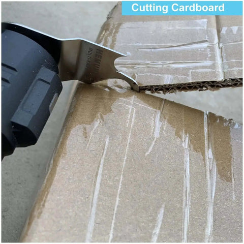 Close-up of Oscillating Multitool Hook Knife Blades Set For Cutting Roofing Shingles PVC Carpet Cardboard And More Heavy Duty Steel Blades For Quick Cuts And Tough Jobs By HEMUNC cutting cardboard
