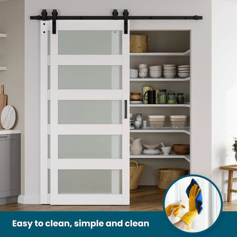 Front view of Space Saver Double Glass Barn Door Kit With 6.6 Ft Bypass Hardware installed, 5-panel frosted glass, white.