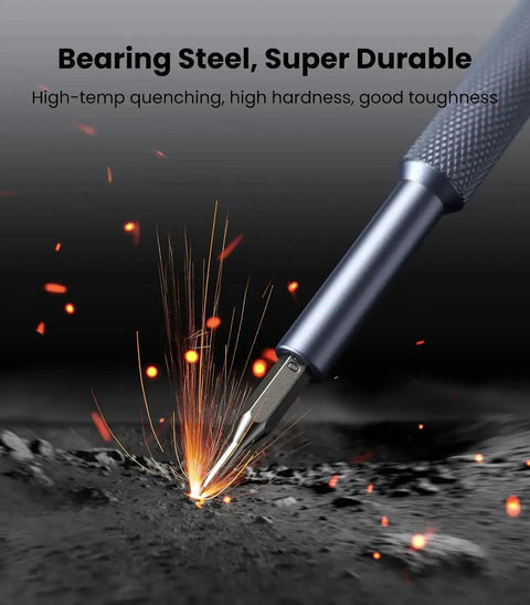 Close-up of bearing steel bit from 37-In-1 Small Precision Screwdriver Set, showing sparks to convey high durability and toughness.