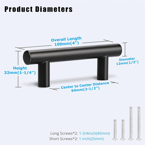 Black Cabinet Pulls 2-1/2 Inch Center-To-Center, 4 Inch Total Length, 12mm Diameter, 1-1/4 Inch Projection with screws shown