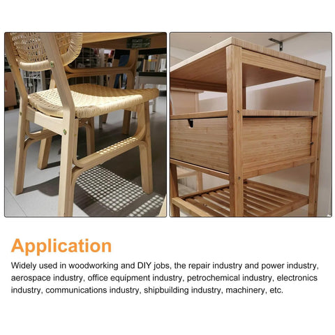 Wooden furniture including a chair and shelving unit, showcasing applications in DIY and woodworking industries.